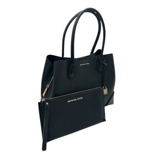 Michael Kors Mercer Tote Bag Purse‎ Women's Black Pebbled Leather W/Pouch Gold